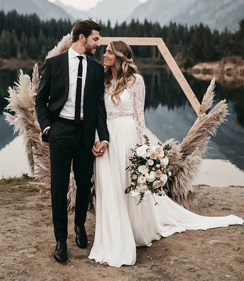 Свадебное платье из двух частей Boho белый шифон цвета слоновой кости с длинным