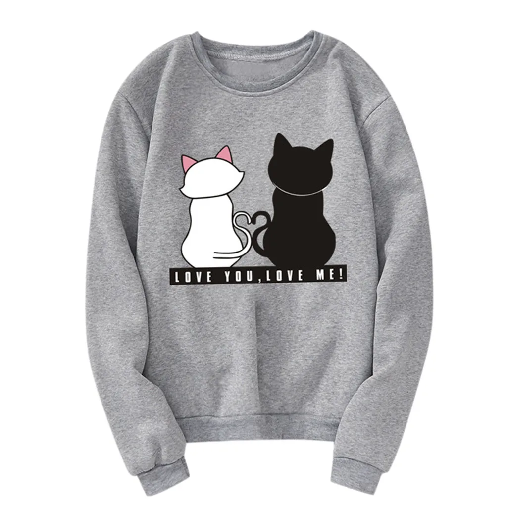 Харадзюку толстовки для женщин дамы kawaii кошки печатных с длинным рукавом круглый воротник толстовка женские осенние Топы Блузка Sudadera Mujer