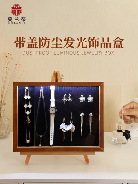$US $78.21 Dustproof Jewelry Box With Lamp Antique Necklace Storage Solid Wood Earrings Display Stand Small Ornaments