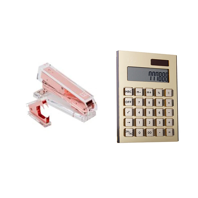 Gold Acrylic Desktop Accessory Bundle including Calculator, Tape