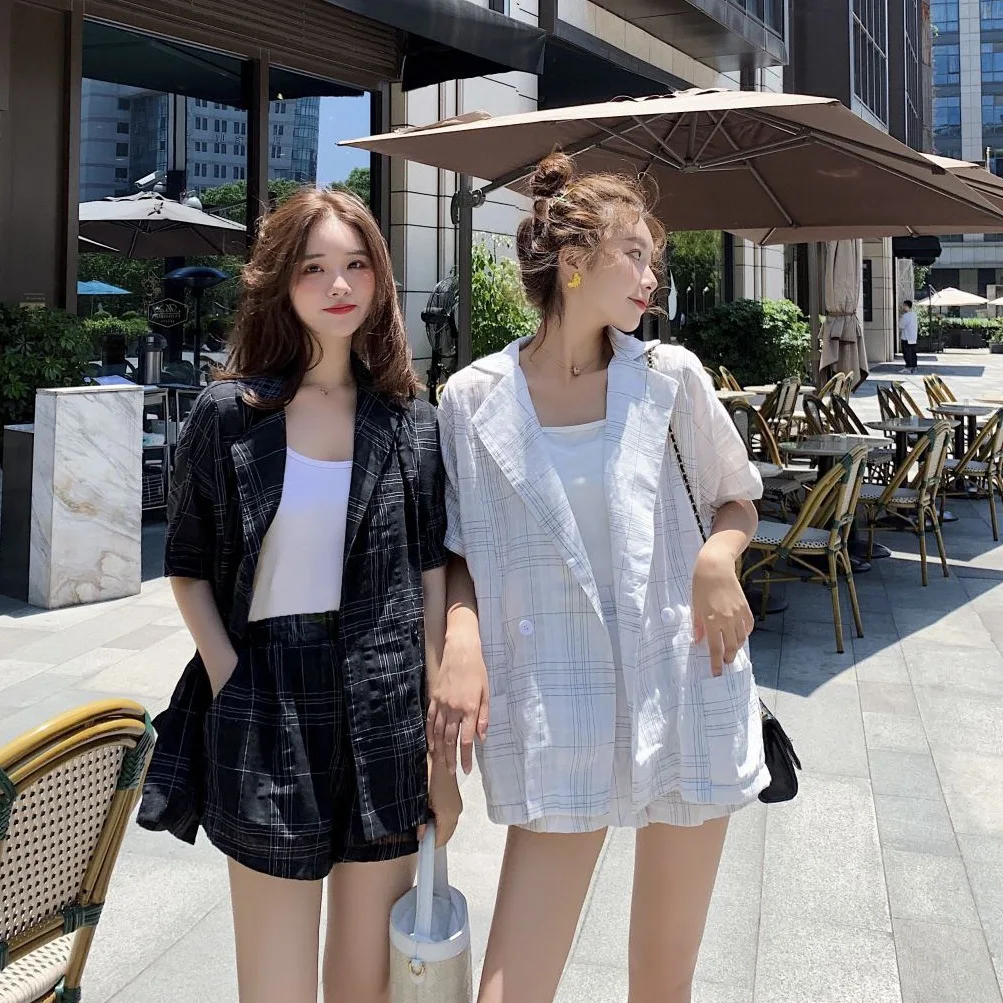 

Photo Shoot CHIC Casual-Style Black Pattern Mid-length Suit Collar Double Breasted Sun Shirt High-waisted Shorts WOMEN'S Suit