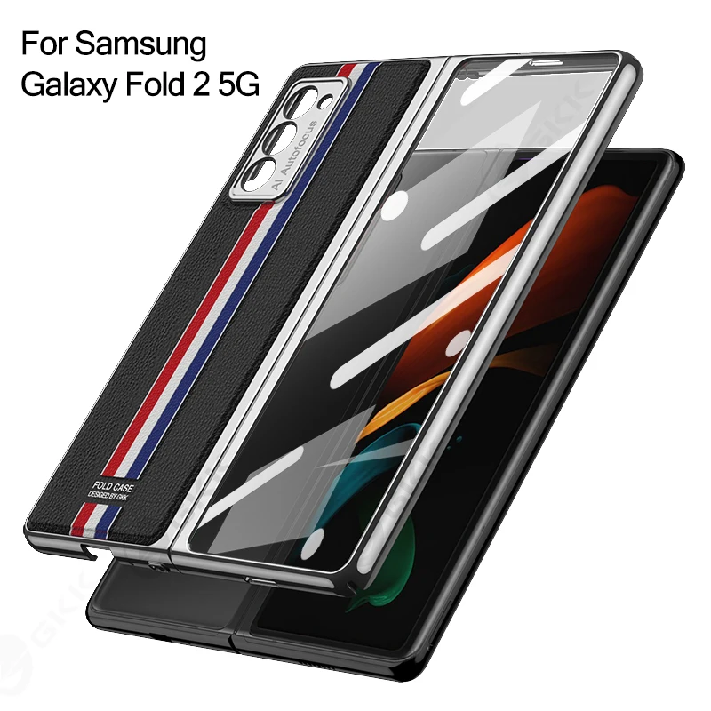 GKK Leather Plating Case For Samsung Galaxy Z Fold 2 Case Tempered Glass Full Protection Hard Cover For Samsung Z Fold 2 Coque