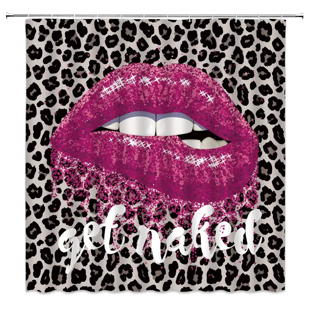 

Sexy Lips Shower Curtain Funny Quote Get Naked Leopard Print Romantic Bold Love Kiss Mix Wild Safari Animal Skin Pattern