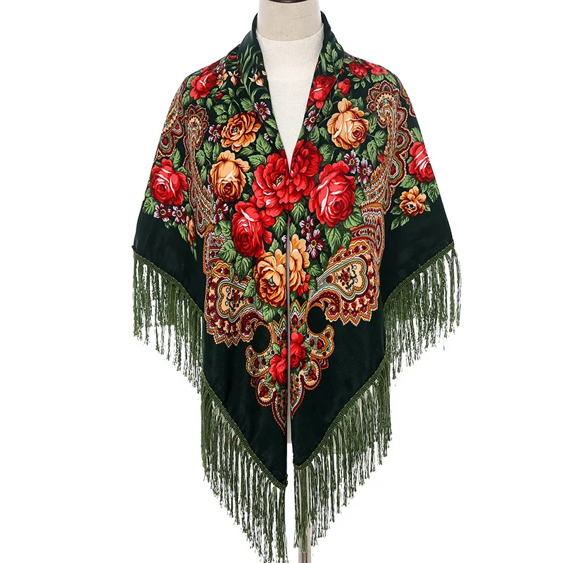 

135*135cm Women Russian Style Big Square Scarf Shawl Retro Fringed Cotton Print Scarves Hijab Wraps Ethnic Shawls Bandana