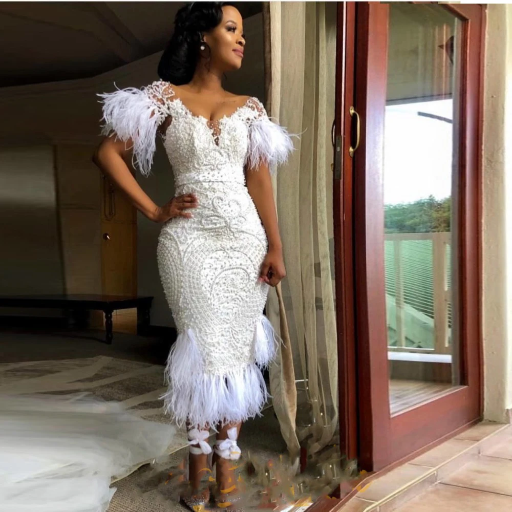 

Exquisite Evening Formal Dress White Pearls Feathers Ankle Length Mermaid Gowns Elegant Appliques Tassel Party Dress For Women