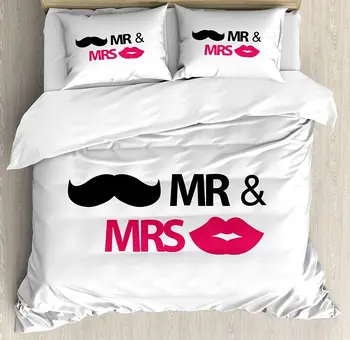 

Wedding Duvet Cover Set Funny Stencil Art Lips Moustache Mr and Mrs Retro Stylized Design Art Print Bedding Set Black Pink White