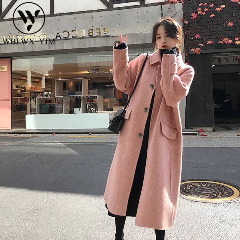 pink Осенне-зимнее модное женское кашемировое пальто из смешанной шерсти однобортное длинное пальто элегантное тонкое шерстяное пальто Женская Толстая теплая верхняя одежда - Цвет: pink