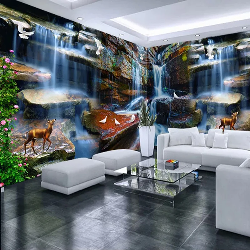 

Custom 3D Photo Wallpaper Stone Waterfall Elk Pigeon Nature Landscape Art Mural Living Room Whole House Background Wall Painting