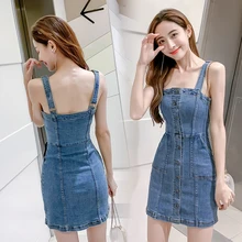 Vestido vaquero verano tirantes espagueti vestido Vintage Casual sólido Retro Chic Sexy Jeans botón frontal azul vestido de fiesta mujer 2019