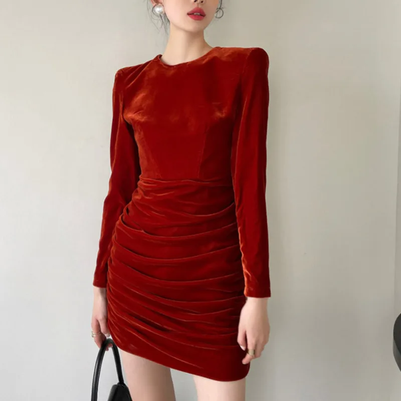 

New Women Red Color O-neck Dress Female Long Sleeve Mini Pleated Skinny Fashion Dresses 2022 Spring Autumn N368