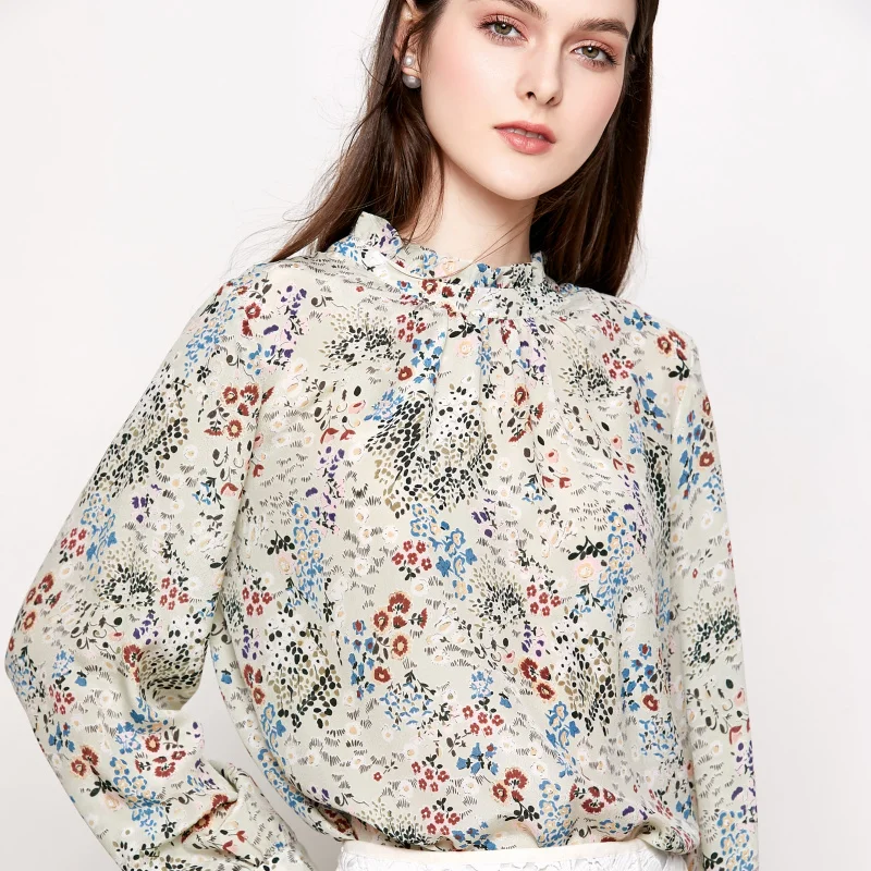  Women Blouse 100% REAL SILK Crepe Floral Printed Blouse Shirt Stand Collar Office Lady Blouses 2019