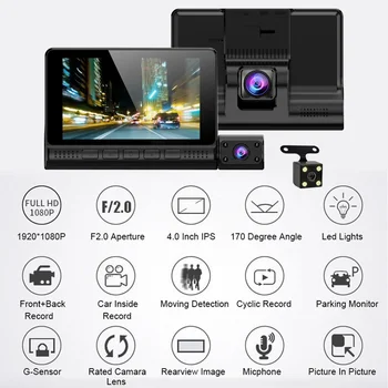 

VEHEMO 4 inch HD 1080P Car DVR Camera 170 Degree GPS Modules 3 Cameras Lens High-definition Night Vision Reversing Rear Vision