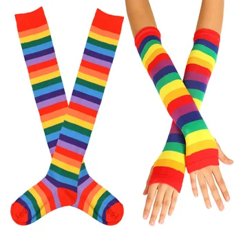 

Fashion Long Gloves Party Slim Women Stockings Set Soft Anti Slip Cotton Blend Elastic Casual Cosplay Rainbow Over Knee Striped