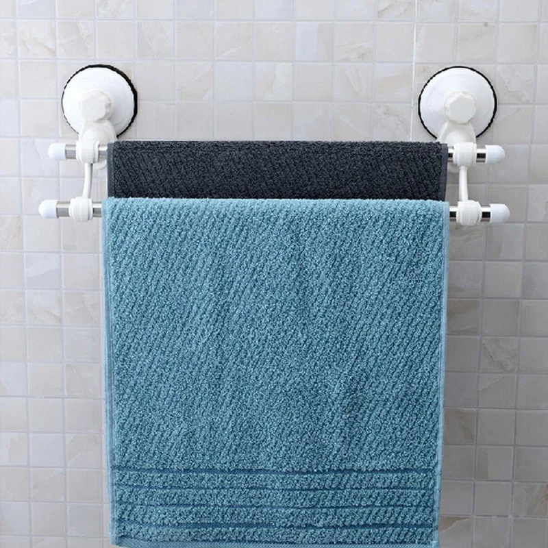 18.5 Inch Double Bars Suction Cup Towel Rail Holder Storage Racks Wall Mounted ABS Bathroom Organizer Kitchen Hotel