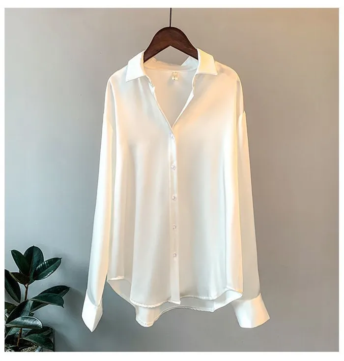 High Quality Elegant Imitation Silk Blouse Spring Women Fashion Long Sleeves Satin Blouse Vintage Femme Stand Street Shirts