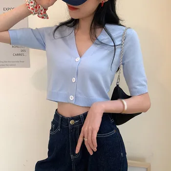 

YOUNG STYLE Women's Fashion V-neck Button Short Section Exposed Navel Knitted Short Sleeved T-shirt Cardigan