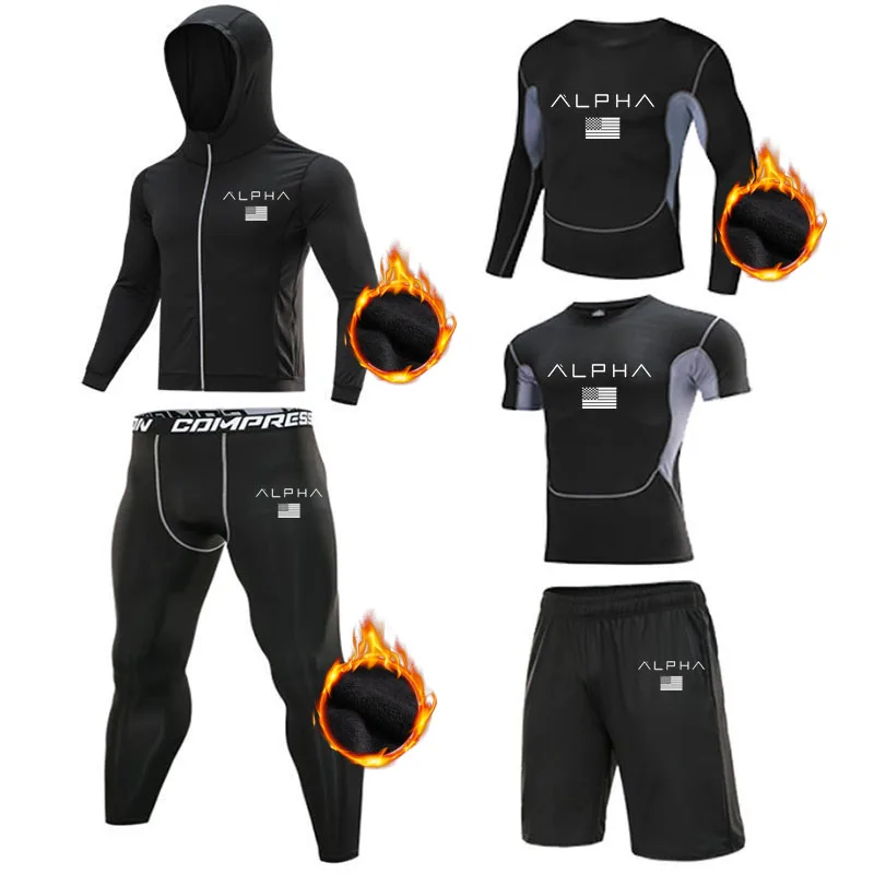

2020 Winter New Plush 5 Piece Men's Running Sets Tight Sport Clothing Basketball Training Tracksuit Fitness Jogging Sports Wear