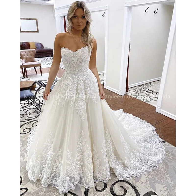 Шикарное платье белого цвета и цвета слоновой кости, Vestido De Noiva, дизайн, ТРАПЕЦИЕВИДНОЕ ПЛАТЬЕ для свадьбы без бретелек, со шнуровкой на спине, свадебные платья с часовым шлейфом
