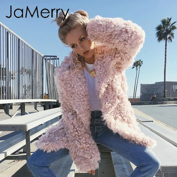 

JaMerry Vintage warm winter faux fur coat women Fashion streetwear plus sizes long coat female Pink casual autumn coat outerwear