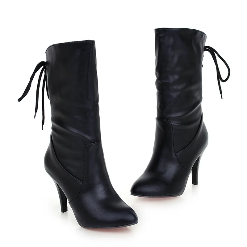 Tanie Lady kobiet cienki obcasy Sexy Party połowy łydki buty damskie szpiczasty nosek z powrotem krzyż wiązane na długi wysokiej obcasy buty motocyklowe buty