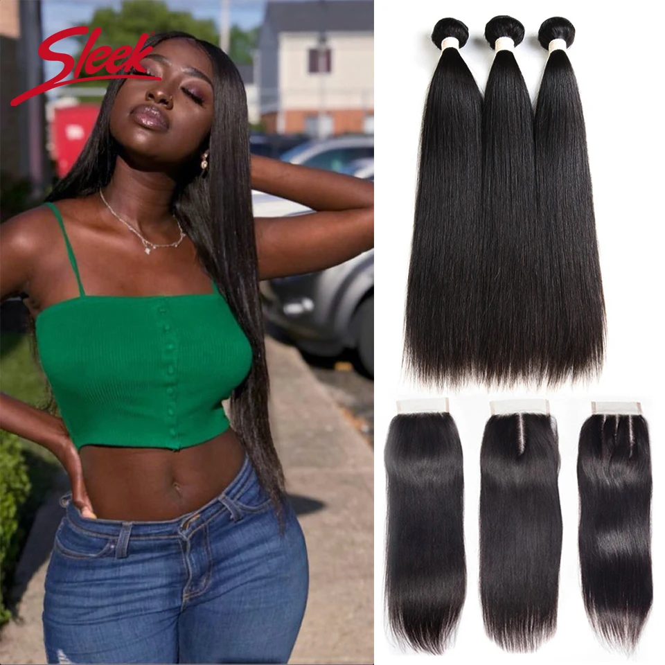 Sleek Brazilian Straight Human Hair Bundles With Closure Natural Color 3 Bundles With Closure 100% Natural Remy Hair Free Ship