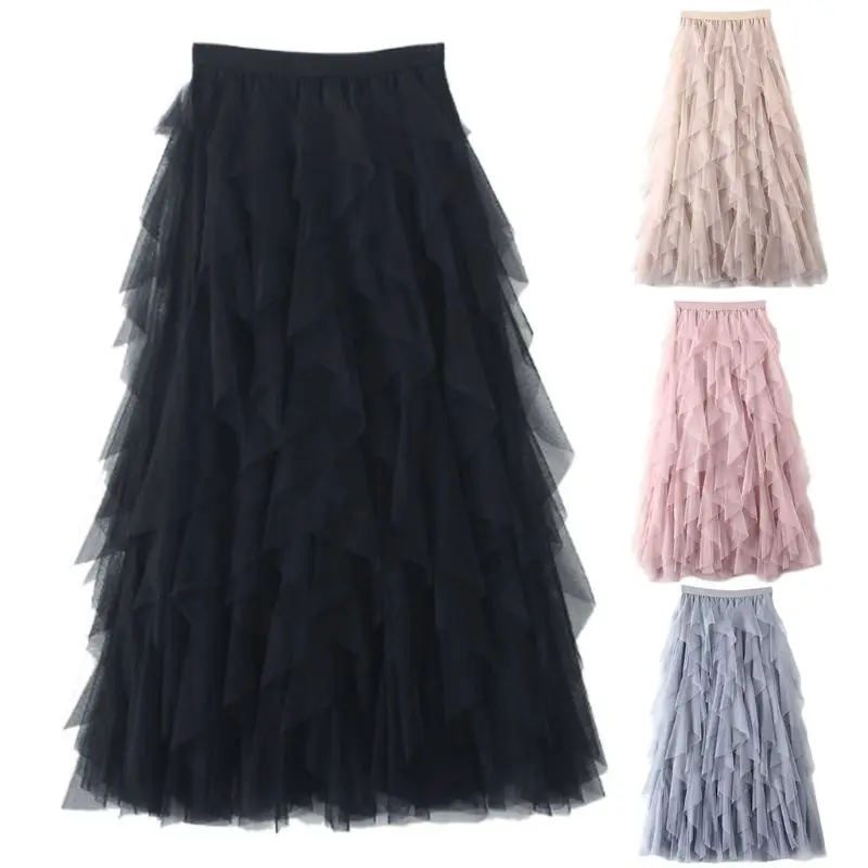 

Women High Waist Tiered Layered Mesh Ballet Prom Party Tulle A-Line Midi Skirt Fluffy Irregular Ruffled Ladies Long Tutu Dress