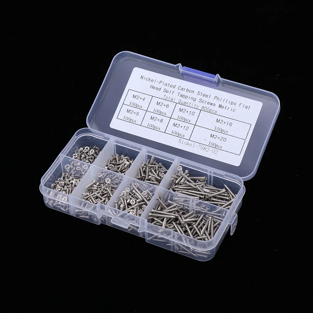 800Pcs M2 Assorted Cross Phillips Pan Head Self Tapping Screws Set With Box