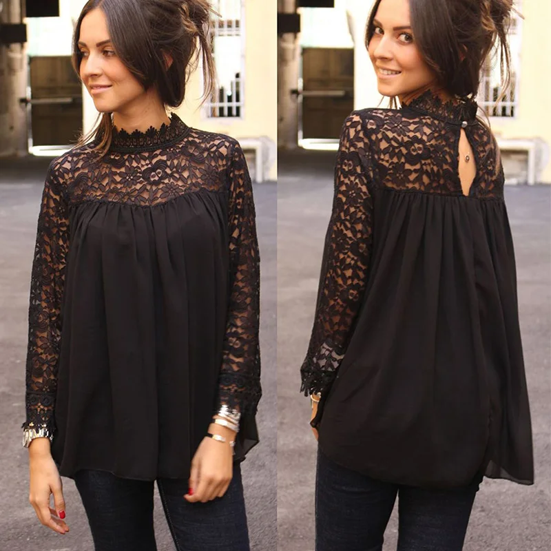 

Fashion Sexy Lace Hollow Out See Through Turtleneck Long Sleeve Ruffled Women Blouse Sexy Tops and Shirt Women Tops