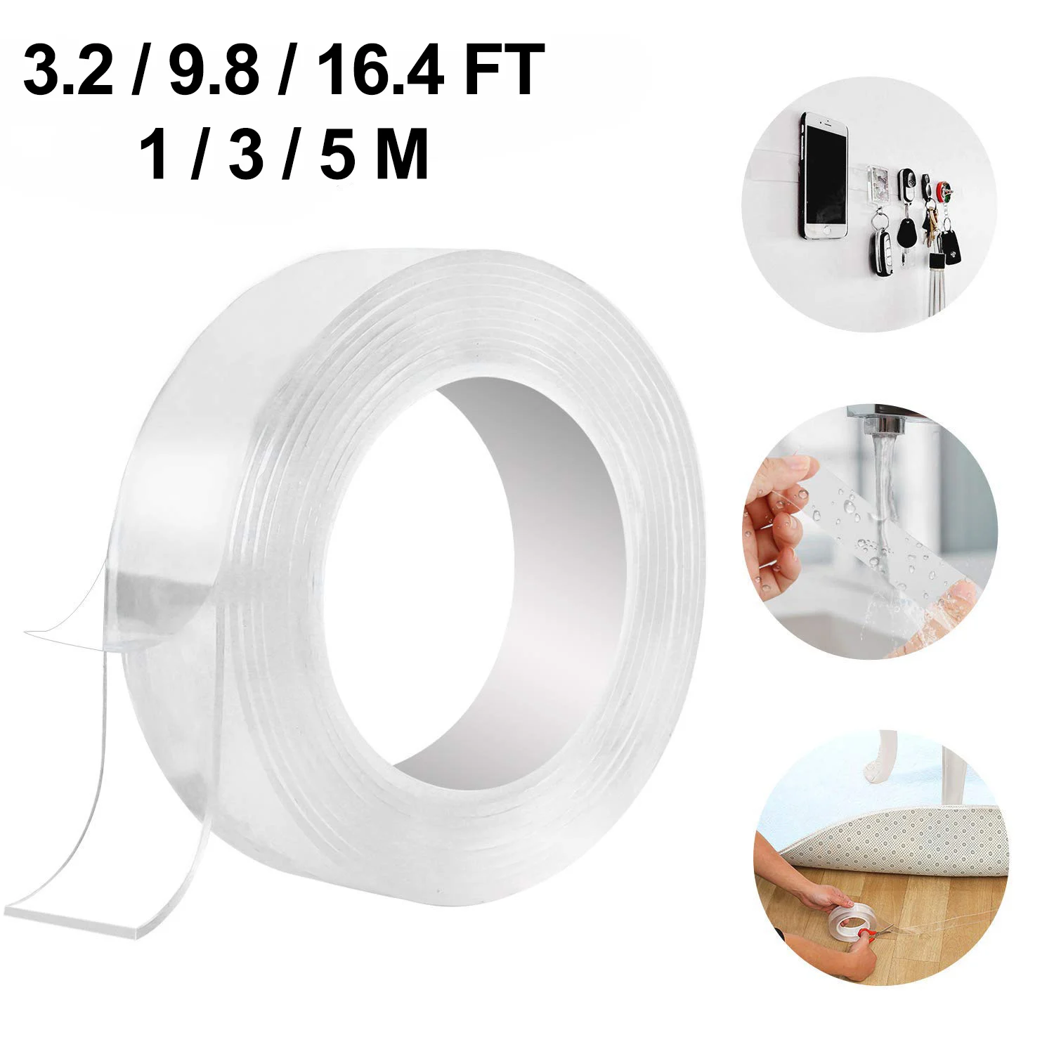 3.2/9.8/ 16.4 FT Washable Adhesive Tape Reusable Clear Double Sided Anti-Slip Nano Gel Pads Mat Removable Sticky Strips Grip