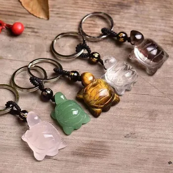 

Cheap Natural hand carved mixed quartz crystal Turtle shaped keychain key case for car