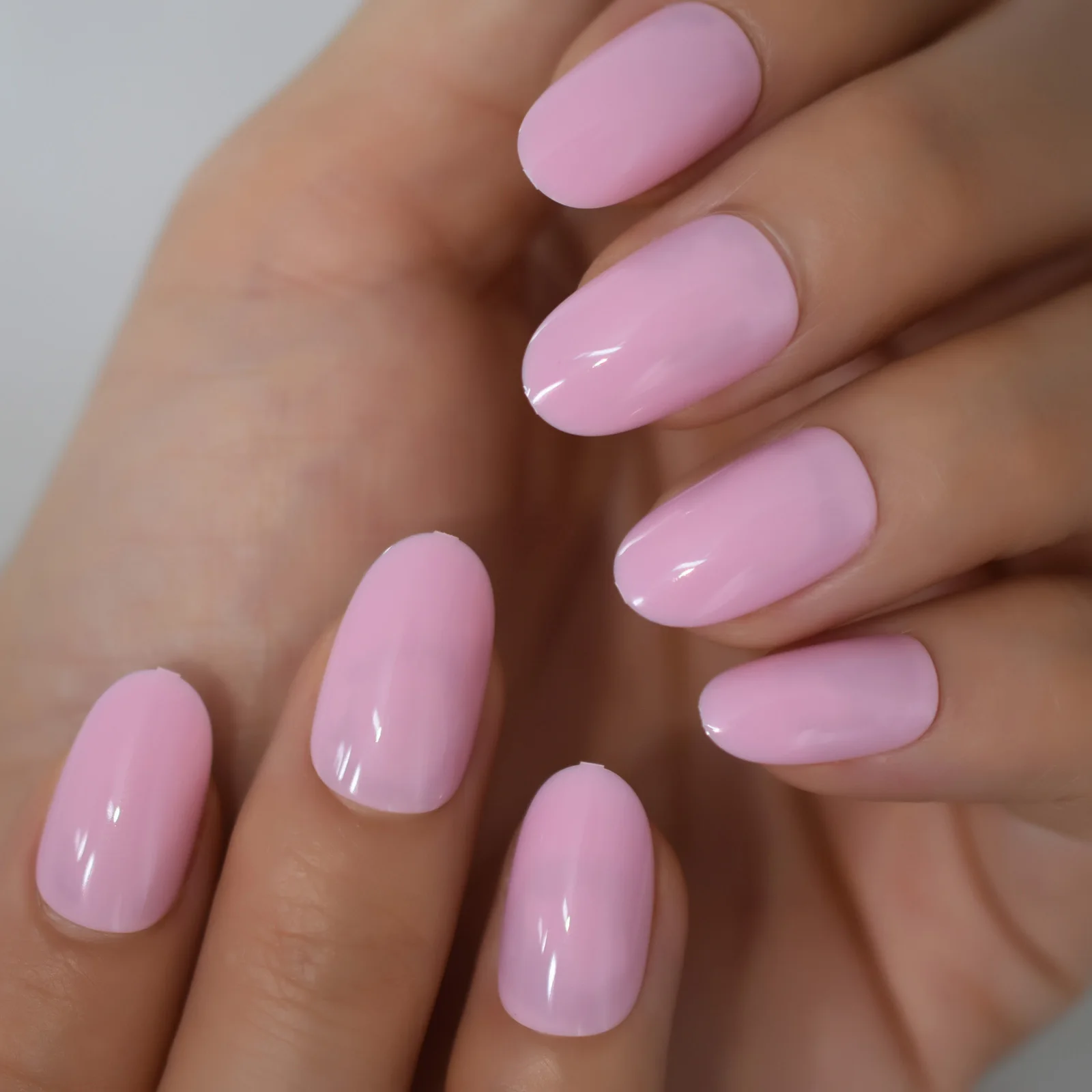 Pink Press On Fake Nails Almond Round Medium Length False Nails Tips Solid  Color Gloss Acrylic Nails Art Set - False Nails - AliExpress