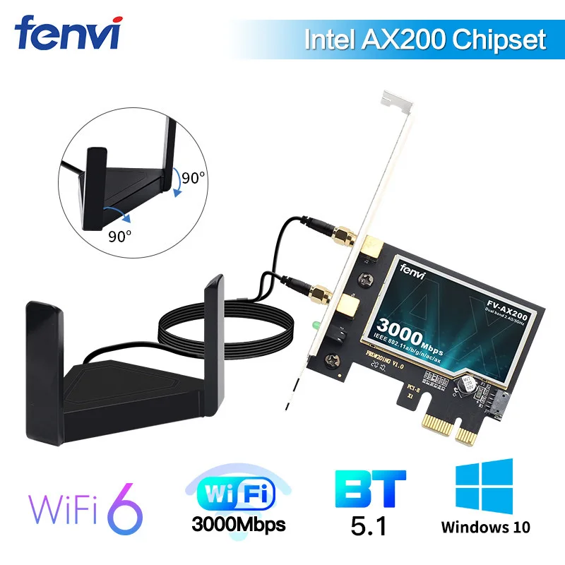 2974Mbps PCIe Wifi6 Adapter Intel AX200 Wifi Card Wireless Bluetooth 5.1 Dual Band 2.4G/5Ghz 802.11ax/ac External Magnet Antenna ethernet to phone port adapter Network Cards