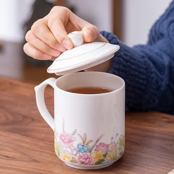 

White Jade Ceramic Whiteware Lidded Cup Office Tea Cup Bulk Ceramic Men and Women Glass Teacup Gift