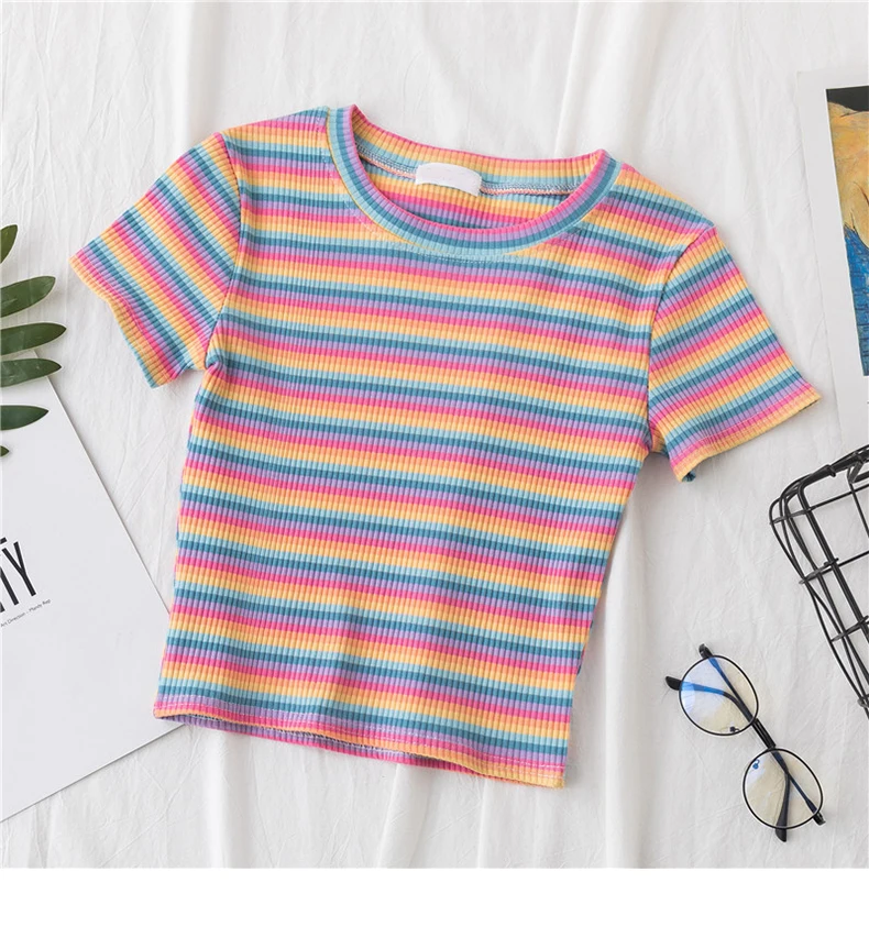 T-Shirt Women cotton Rainbow Striped Tops Harajuku Tshirt Summer Short Sleeve Navel Skinny stitching Korean Punk crop top woman
