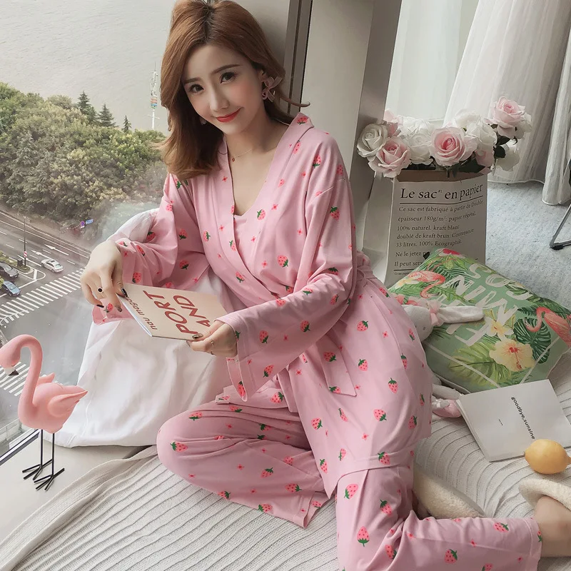 

Pajamas Women's Spring And Autumn Camisole Sexy Cute GIRL'S Japanese-style Fresh Students Long Sleeve Three-piece Set-Home Wear