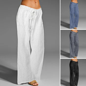 

Celmia Women Wide Leg Pants Vintage Linen Long Palazzo Ladies Casual Loose Striped Elastic Waist Trousers Plus Size Pantalon 5XL