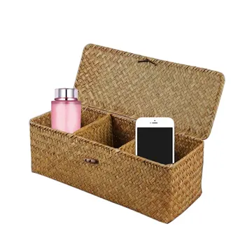 

Storage Basket Desk Organizer Sundries Multifunction Bathroom Three Grid Container With Cover Home Hand Woven Rectangular Straw