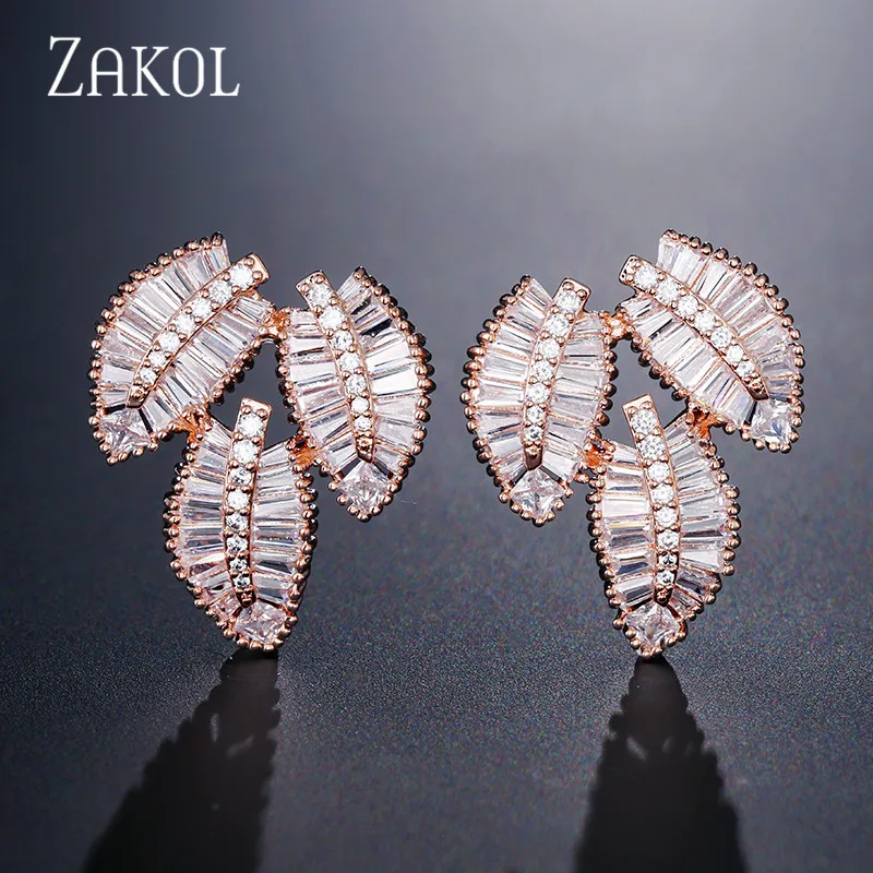 Модные женские серьги-гвоздики с кубическим цирконием класса AAA от ZAKOL, роскошные свадебные серьги в виде листьев, ювелирные аксессуары FSEP2113