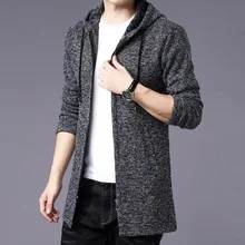 Модный мужской длинный свитер, кардиган, зима-осень, толстый теплый длинный кардиган, мужской свитер на молнии с капюшоном, пальто, верхняя одежда