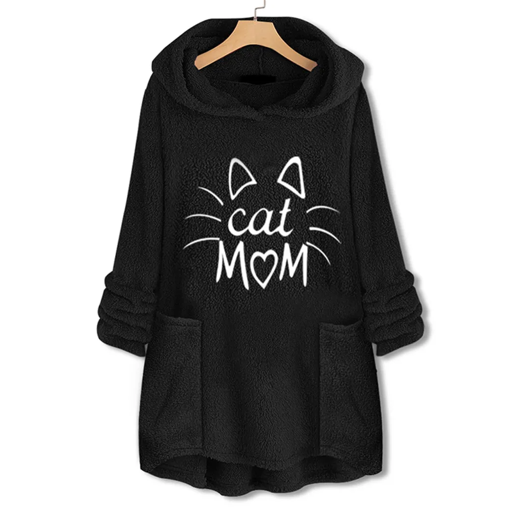 Women Sweatshirt Women Cat Mom Fleece Embroidery Cat Ear Hoodie Sweatshirts Pocket Pullover Top mujer Winter Hoodies#L20