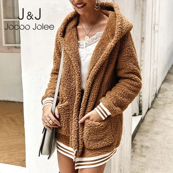 

Jocoo Jolee Women Casual Teddy Long Coats Autumn Winter Faux Fur Jackets Pockets Overcoats Plus Size Cardigan Outwear 2019