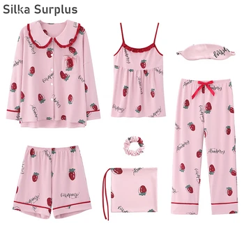 

Silka Surplus Autumn 7 Pieces Set Cotton Elegant Women Pajamas Full Long Sleeve Sleepwear Night Suits Ladies Cute Print Pijama