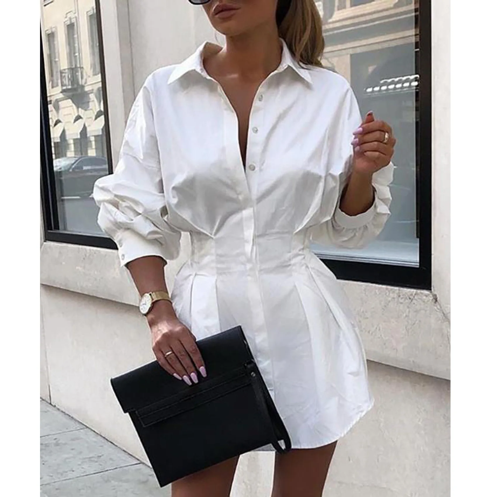 

2020 Special Offer Polyester Shein Plus Size Korean Women's Shirt Spring New Long Sleeve Lapel Pleated Girdle Corset Women