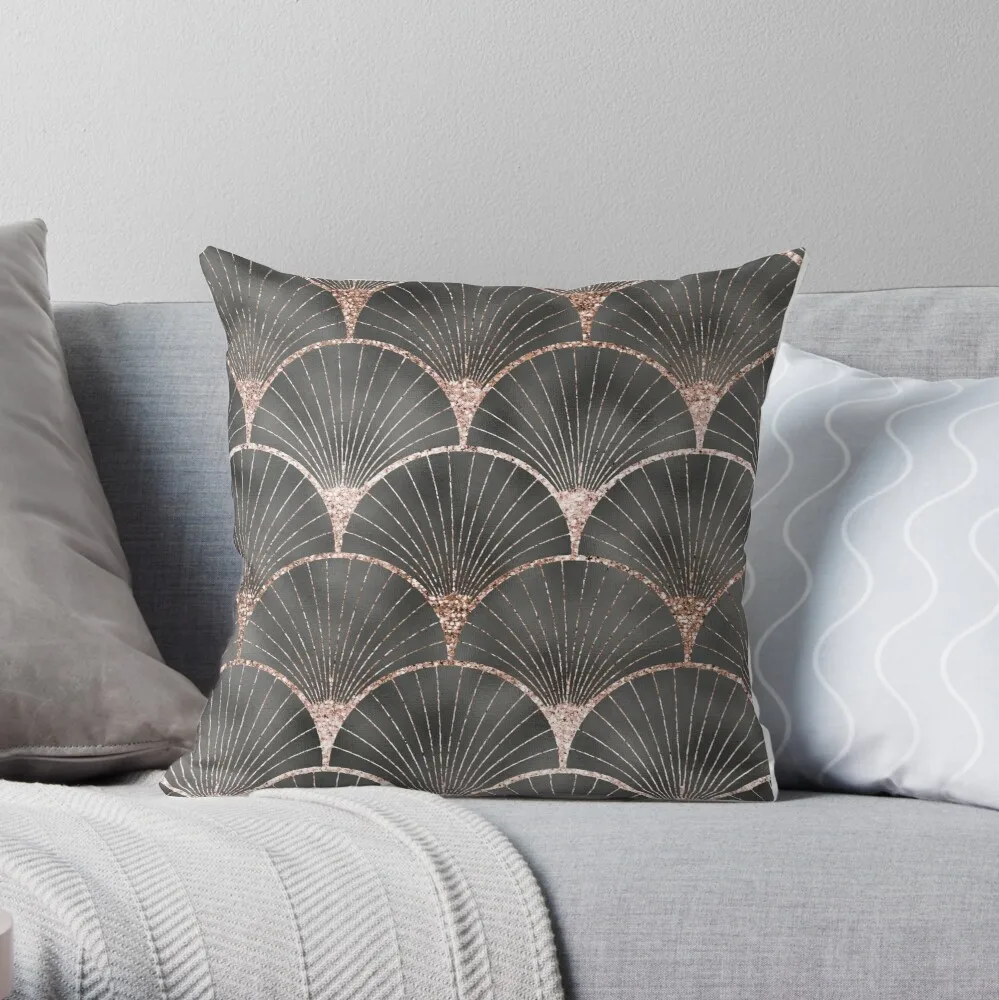 

Art Deco Elegance - Rose Gold & Steel Grey Fan Throw Pillow Cushion Cover Polyester Throw Pillows Case On Sofa Home Decor
