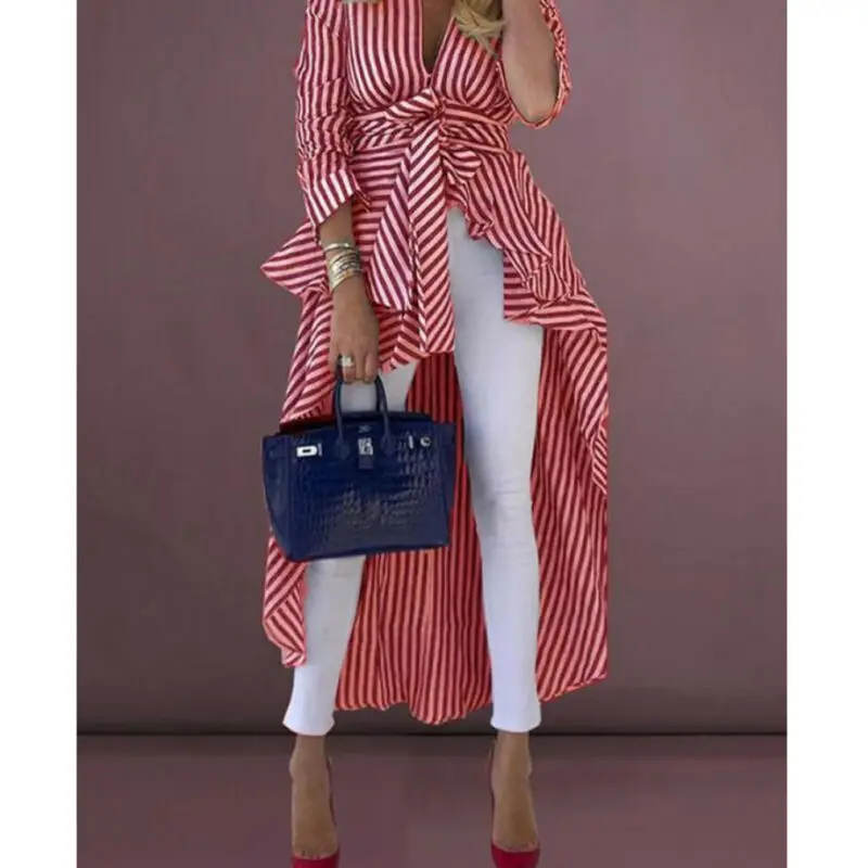 

2019 High Street Womens Striped Long Tail Shirts Bowknow Lace-up Ladies Blouse Fashion Buttons Long Sleeve V-Neck Shirts