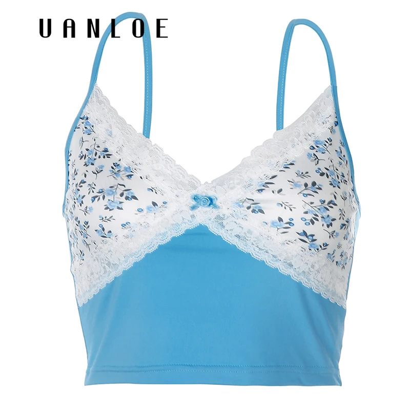

Floral Print Lace Sexy Crop Top Women Summer Sleeveless 90s Spaghetti Strap Camisole Streetwear Camis Tops Harajuku Tees