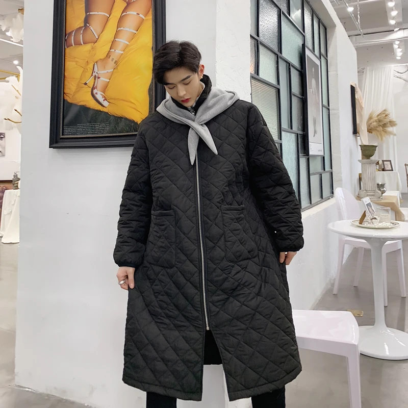 M-XL! новая хлопковая одежда выше колена, с капюшоном, с ромбовидной сеткой свободная хлопковая куртка в Корейском стиле хлопок
