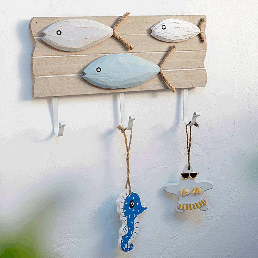 Home Organizer Hanger Key Rack Wood Decoration DIY With 3 Hooks Towel Hat Bag Wall Mount Coat Fish Bone