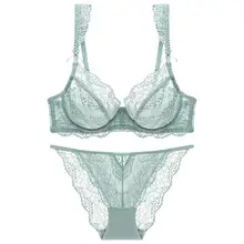 Bra Set Women Ultra-thin Transparent Ruffles Straps With Bowknot Breathable Underwired Mint Green brassiere Lingerie Women