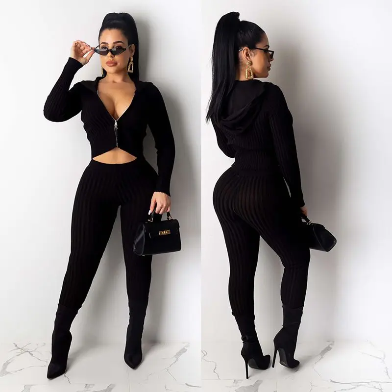 HAOYUAN Sexy Knitted Two Piece Set Tracksuit Women Fall Winter Clothing Crop Top and Pants Matching Suit 2 Piece Club Outfits